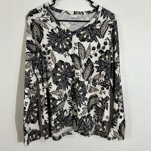 Croft & Barrow Women's Classic Tee Black Floral Print Long Sleeve V Neck Top M